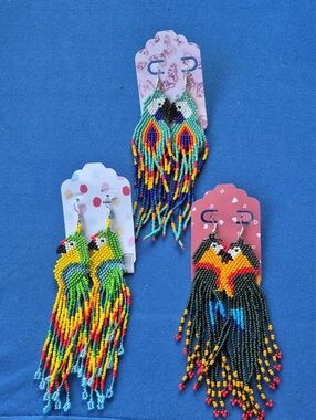 LARGE PARROTS Hand-made HUICHOL Glass Seed Bead dangle earrings 🦜Curtain Fringe